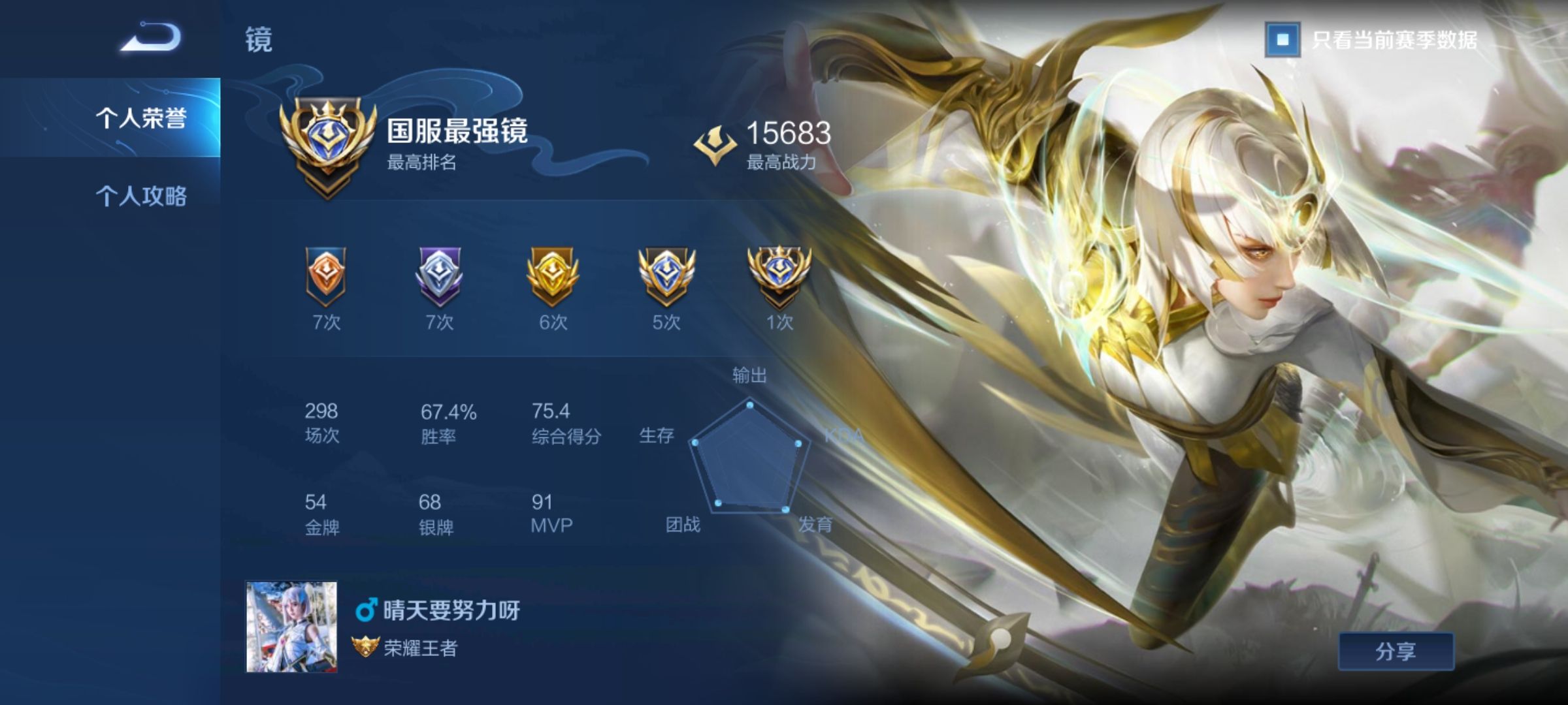 王者抢先服国服镜15700战力本月有大国标还有另外几个英雄小国标